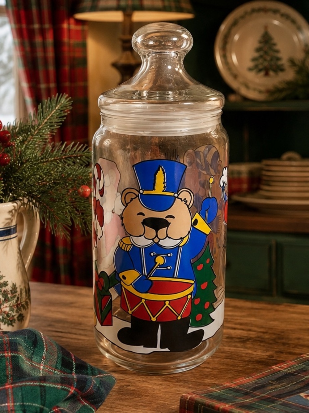 Vintage Christmas Teddy Bear Glass Cookie Jar Candy Apothecary 10.5” 90s